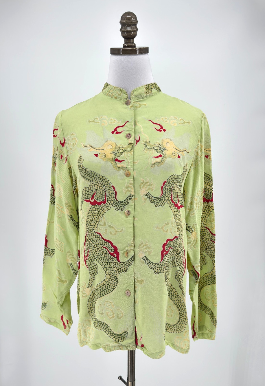 Citron Santa Monica Lime Green Chinese Dragon Graphic Button Up Blouse Top Sz M